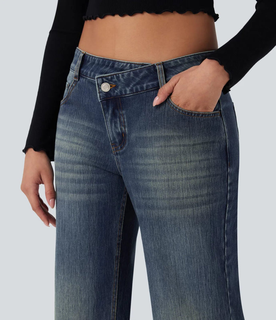 Halara Flex Asymmetric Low Rise Straight Leg Casual Jeans with Pockets L reg