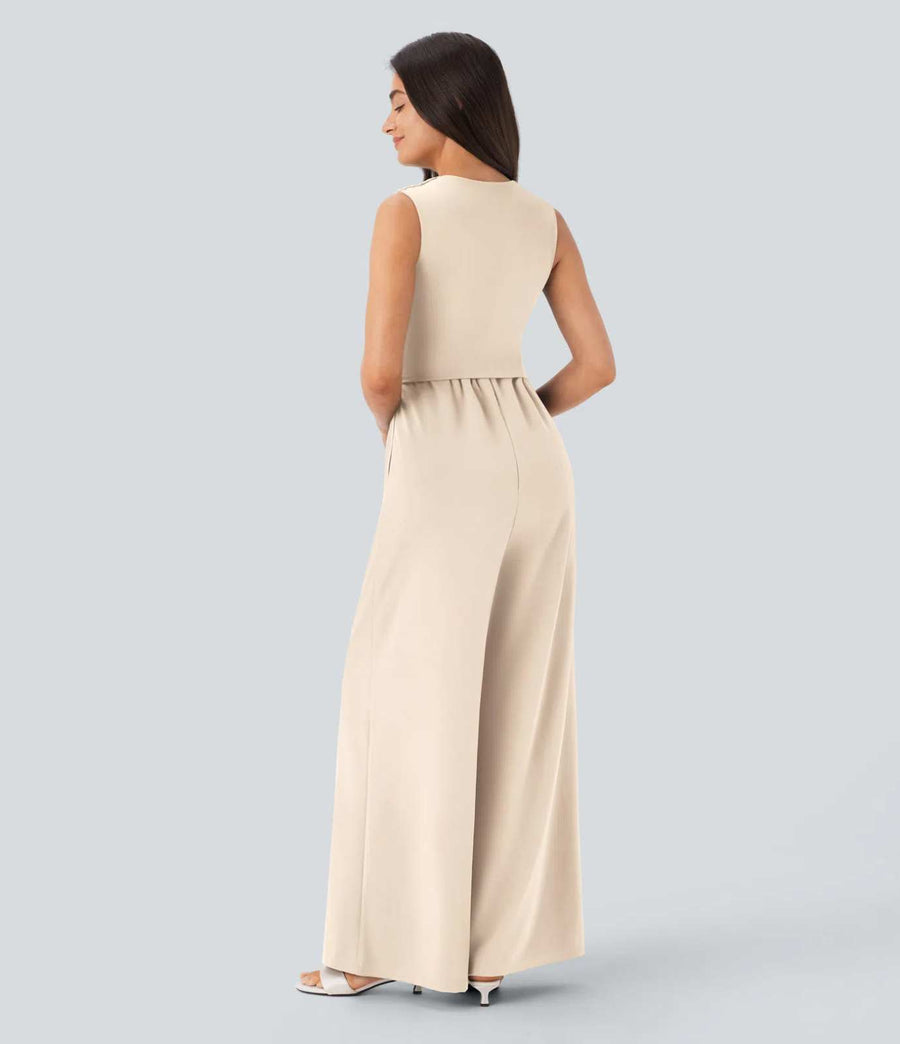 HALARA V Neck Sleeveless Ruched Pocket Jumpsuit-Easy Peezy Size XS