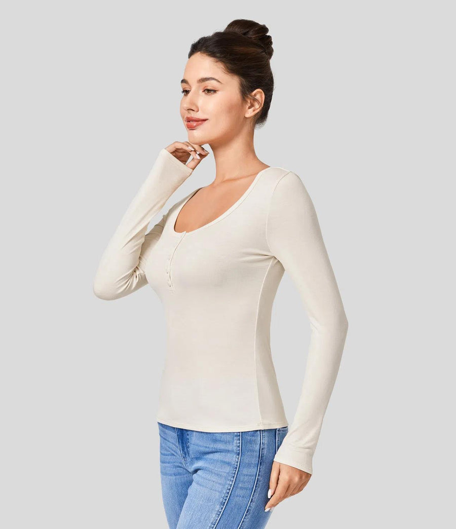 HALARA Ribbed Henley Neck Long Sleeve Slim Casual T-Shirt Size XL