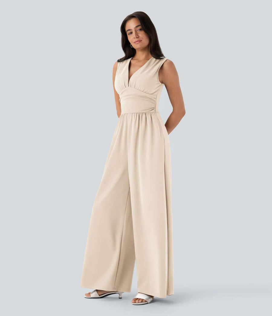 HALARA V Neck Sleeveless Ruched Pocket Jumpsuit-Easy Peezy Size XS