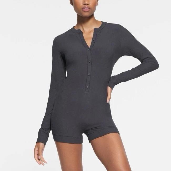 SKIMS Soft Lounge Henley One Piece Graphite NWT Size Small