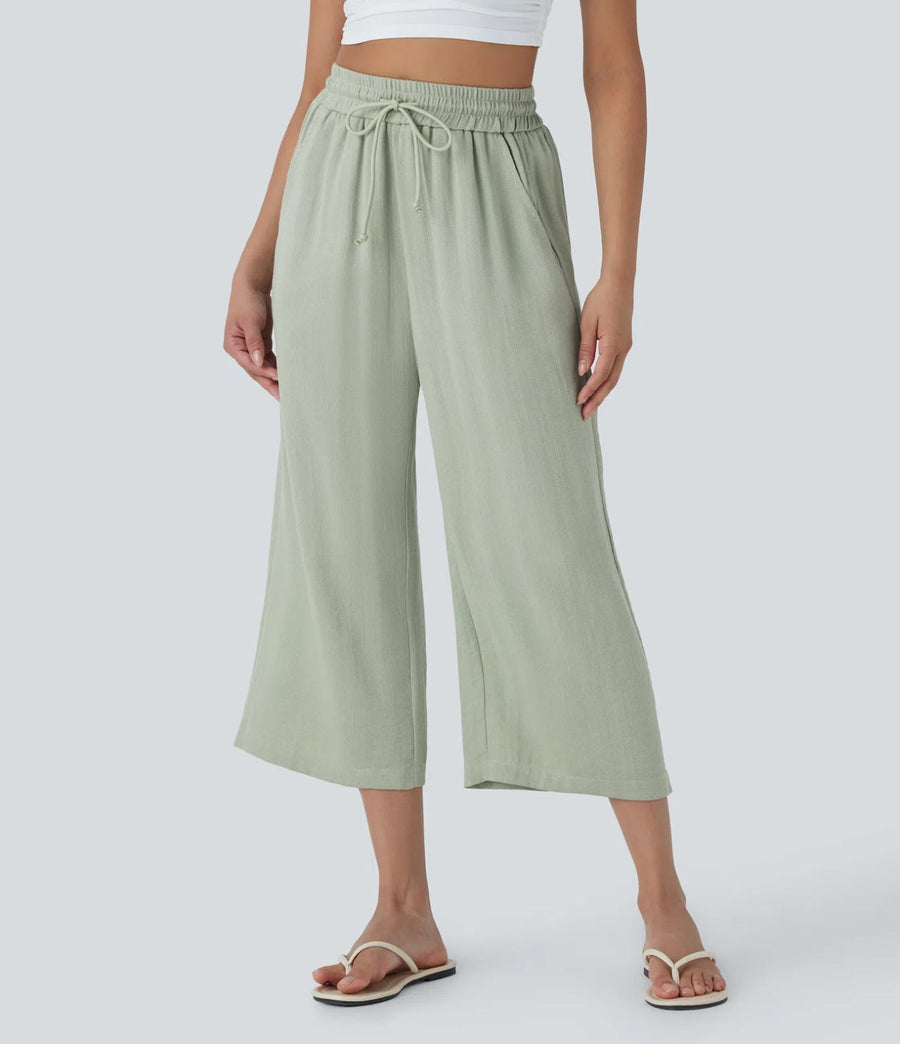 HALARA High Waisted Drawstring Wide Leg Cropped Casual Linen-Feel Pants Size M