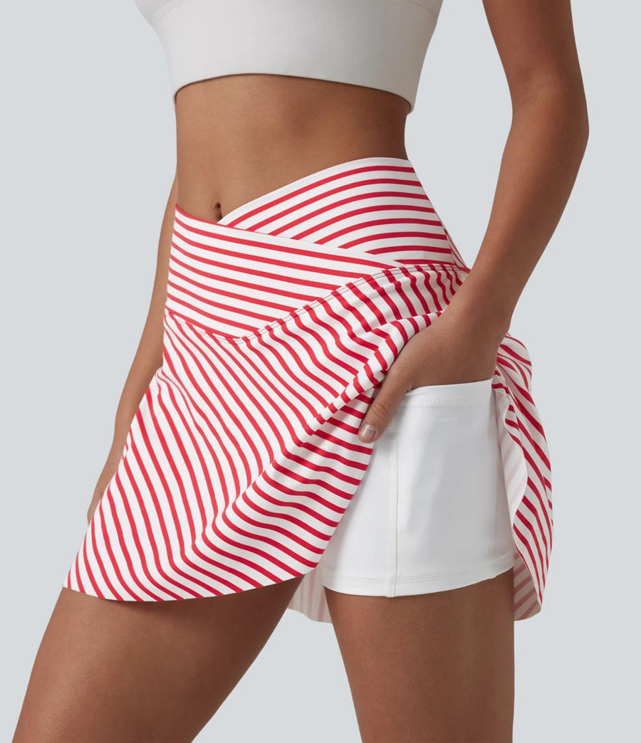 HALARA Crossover High Waisted Curved Hem 2-in-1 Stripes Mini Tennis Skirt Size M