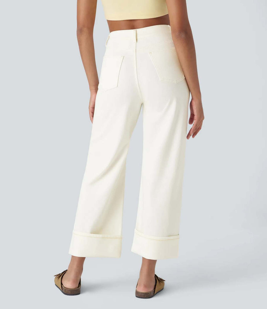 HALARA High Waisted Pockets Rolled Hem Wide Leg Washed Casual Jeans Size M Tall