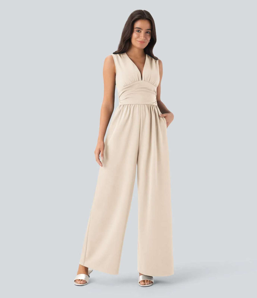 HALARA V Neck Sleeveless Ruched Pocket Jumpsuit-Easy Peezy Size XS