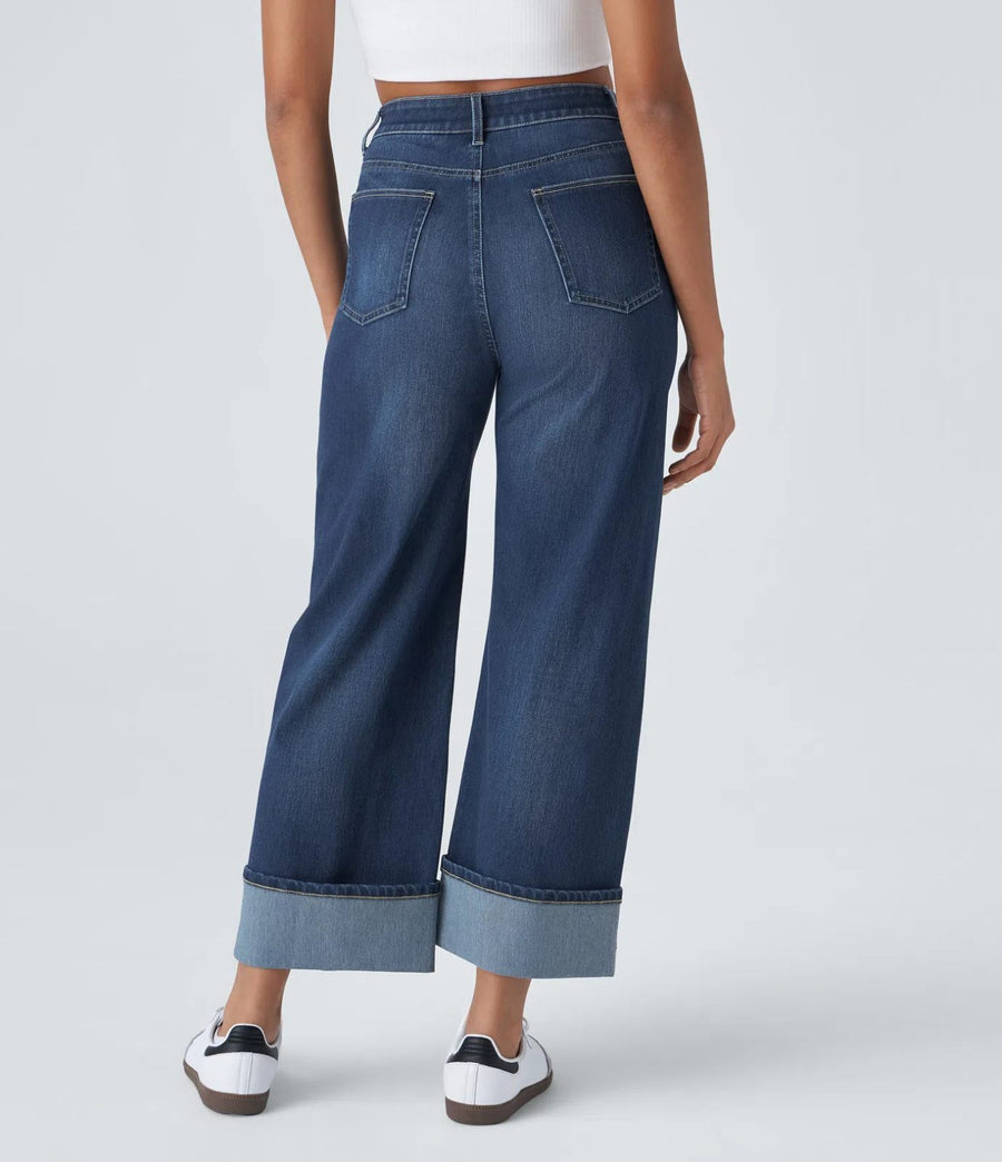 HALARA High Waisted Pockets Rolled Hem Wide Leg Washed Casual Jeans Size S Tall