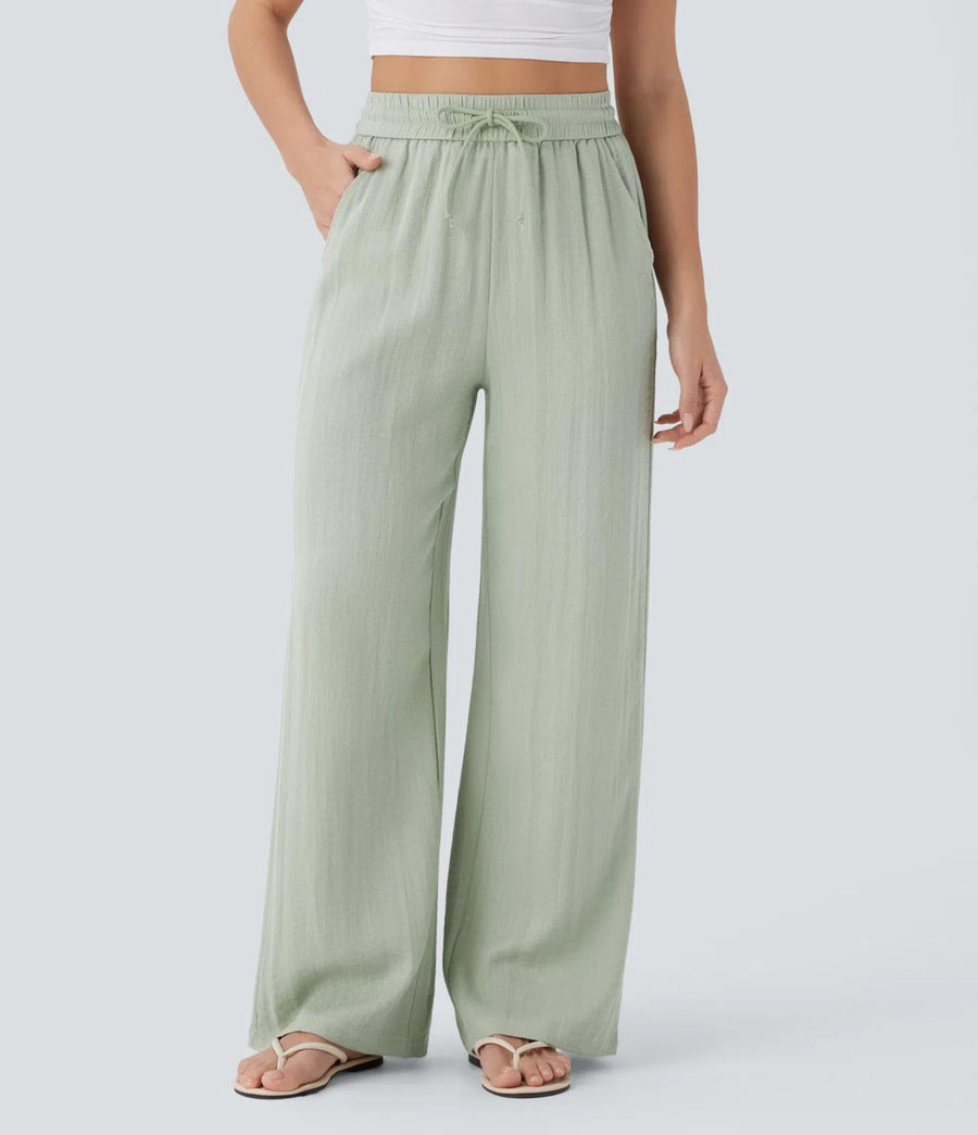 HALARA High Waisted Drawstring Pocket Wide Leg Baggy Linen-Feel Pants Size M Reg