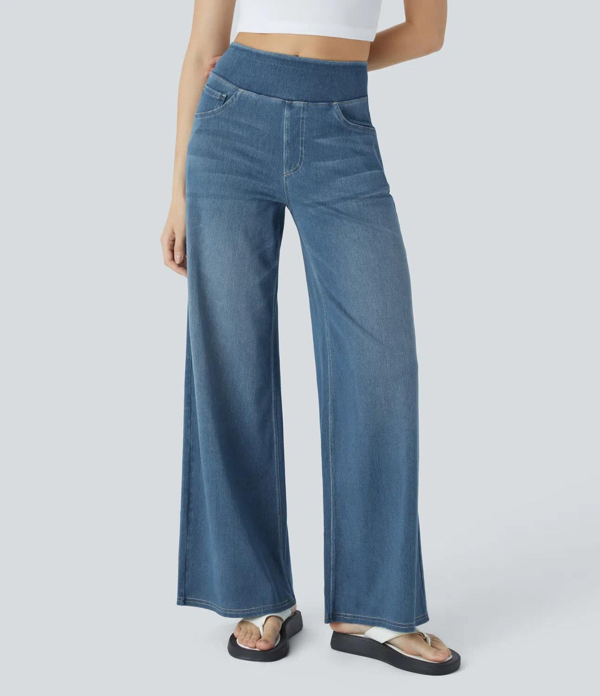 Halara Flex High Waisted Pockets Baggy Wide Leg Washed Casual Jeans Size L Reg