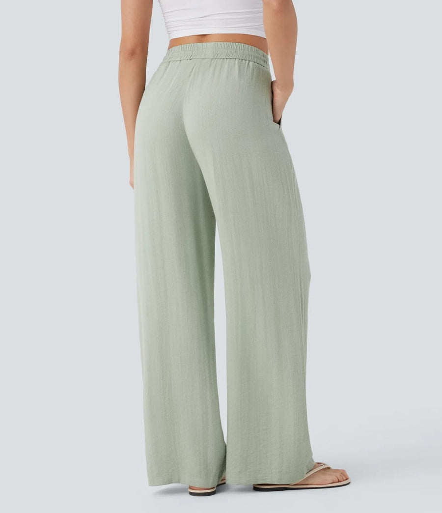HALARA High Waisted Drawstring Pocket Wide Leg Baggy Linen-Feel Pants Size M Reg