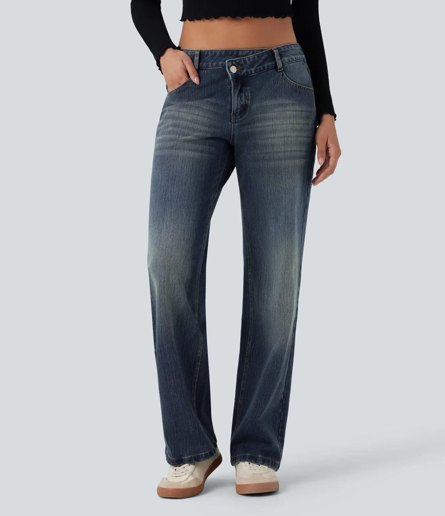 Halara Flex Asymmetric Low Rise Straight Leg Casual Jeans with Pockets L reg
