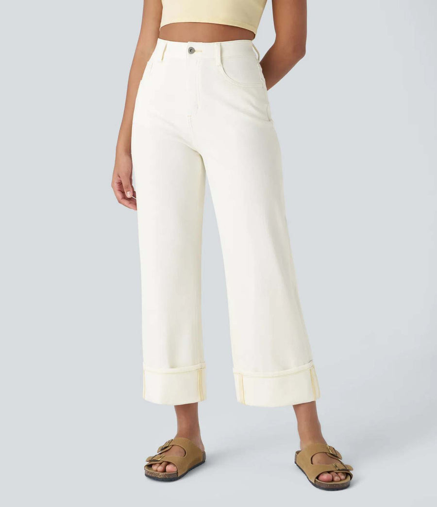HALARA High Waisted Pockets Rolled Hem Wide Leg Washed Casual Jeans Size M Tall