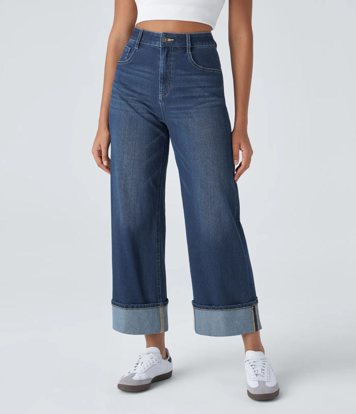 HALARA High Waisted Pockets Rolled Hem Wide Leg Washed Casual Jeans Size S Tall