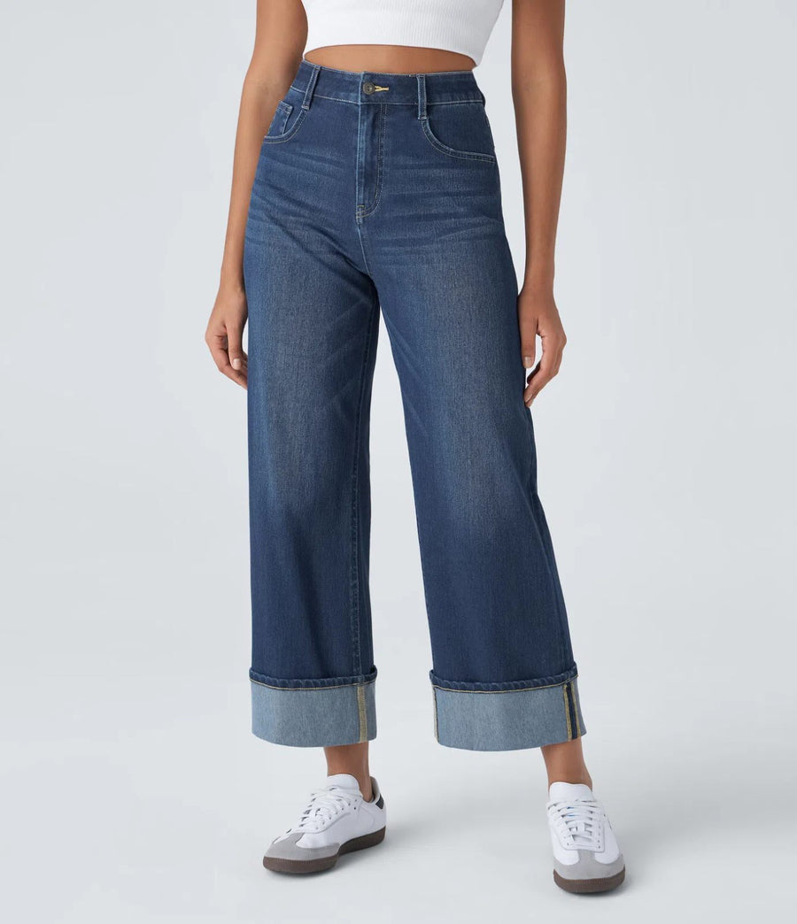 HALARA High Waisted Pockets Rolled Hem Wide Leg Washed Casual Jeans Size S Tall