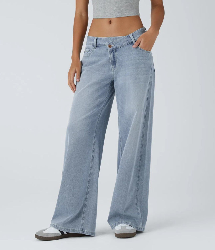 HALARA Asymmetric Low Rise Zipper Pockets Baggy Wide Leg Jeans Size XL Regular