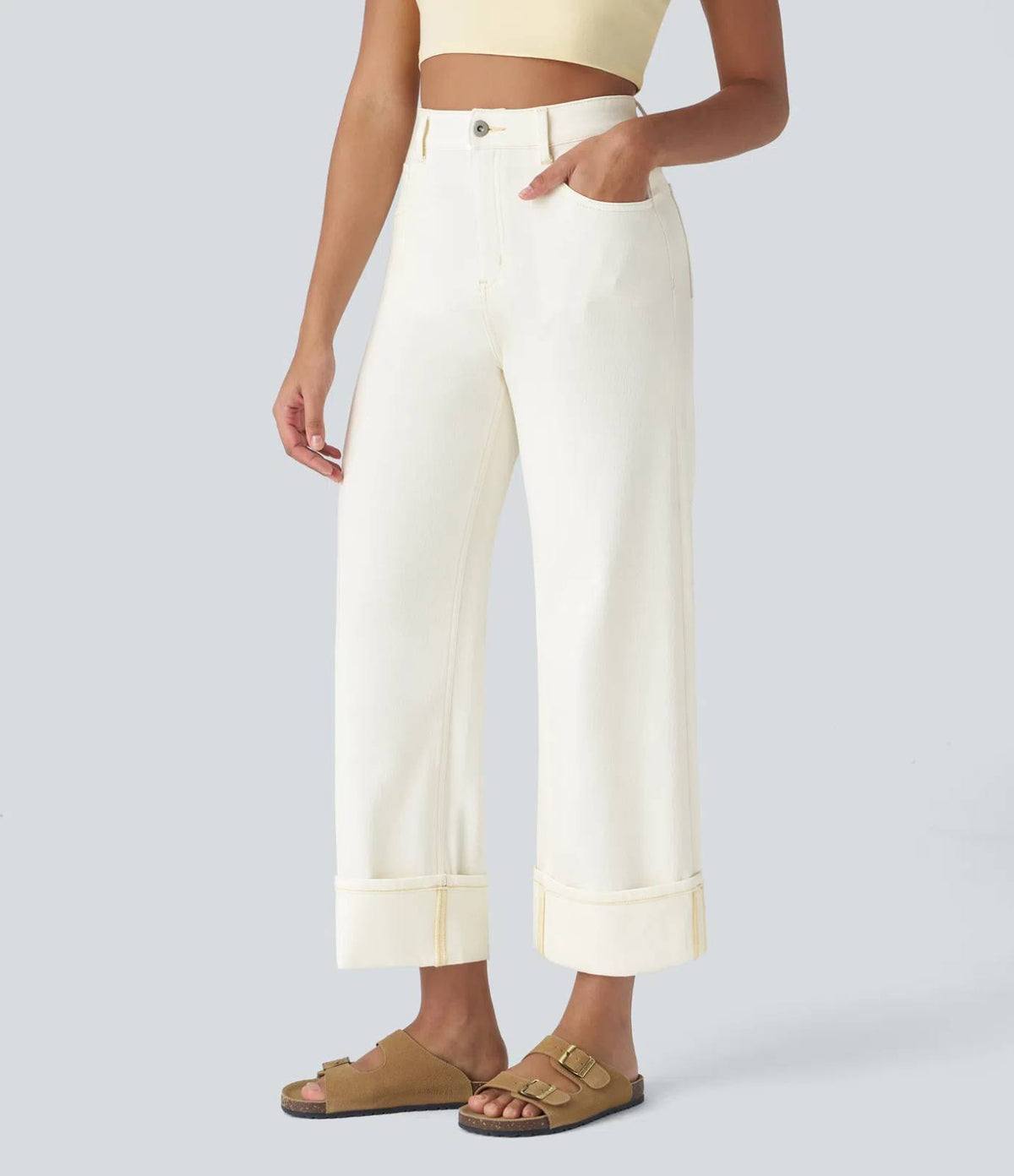 HALARA High Waisted Pockets Rolled Hem Wide Leg Washed Casual Jeans Size M Tall