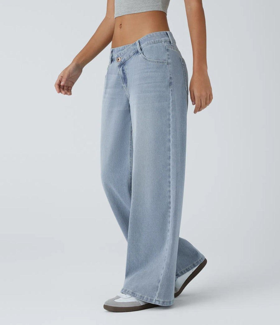 HALARA Asymmetric Low Rise Zipper Pockets Baggy Wide Leg Jeans Size XL Regular
