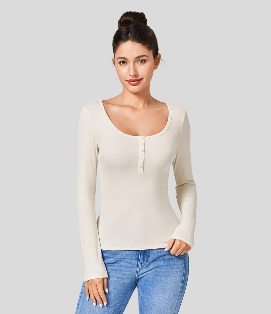 HALARA Ribbed Henley Neck Long Sleeve Slim Casual T-Shirt Size XL