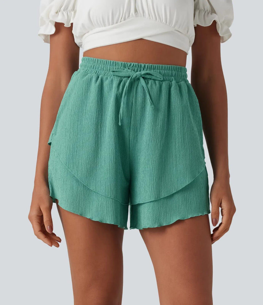 HALARA High Waisted Drawstring Layered Ruffle Hem Shorts 5'' with Pockets Size M