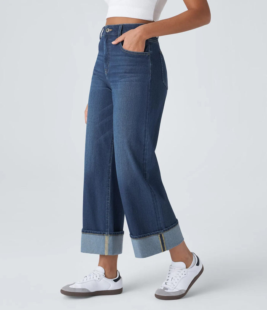 HALARA High Waisted Pockets Rolled Hem Wide Leg Washed Casual Jeans Size S Tall