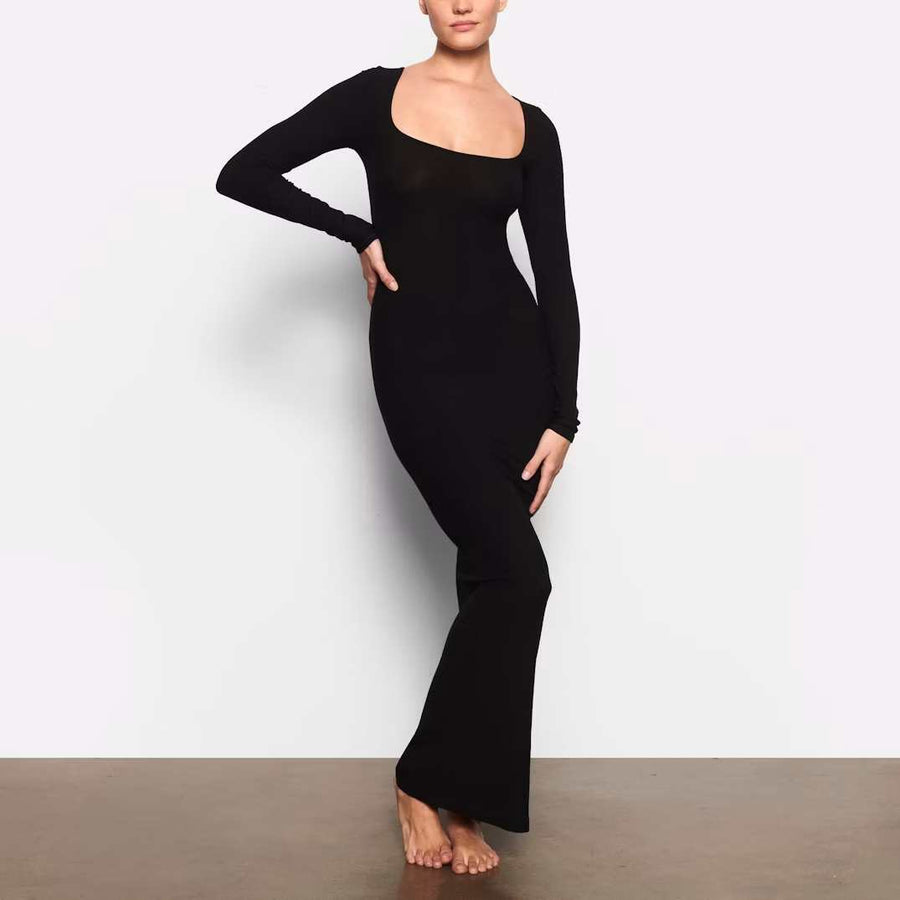 SKIMS NWT Long Sleeve Ribbed Dress Onyx Size XS