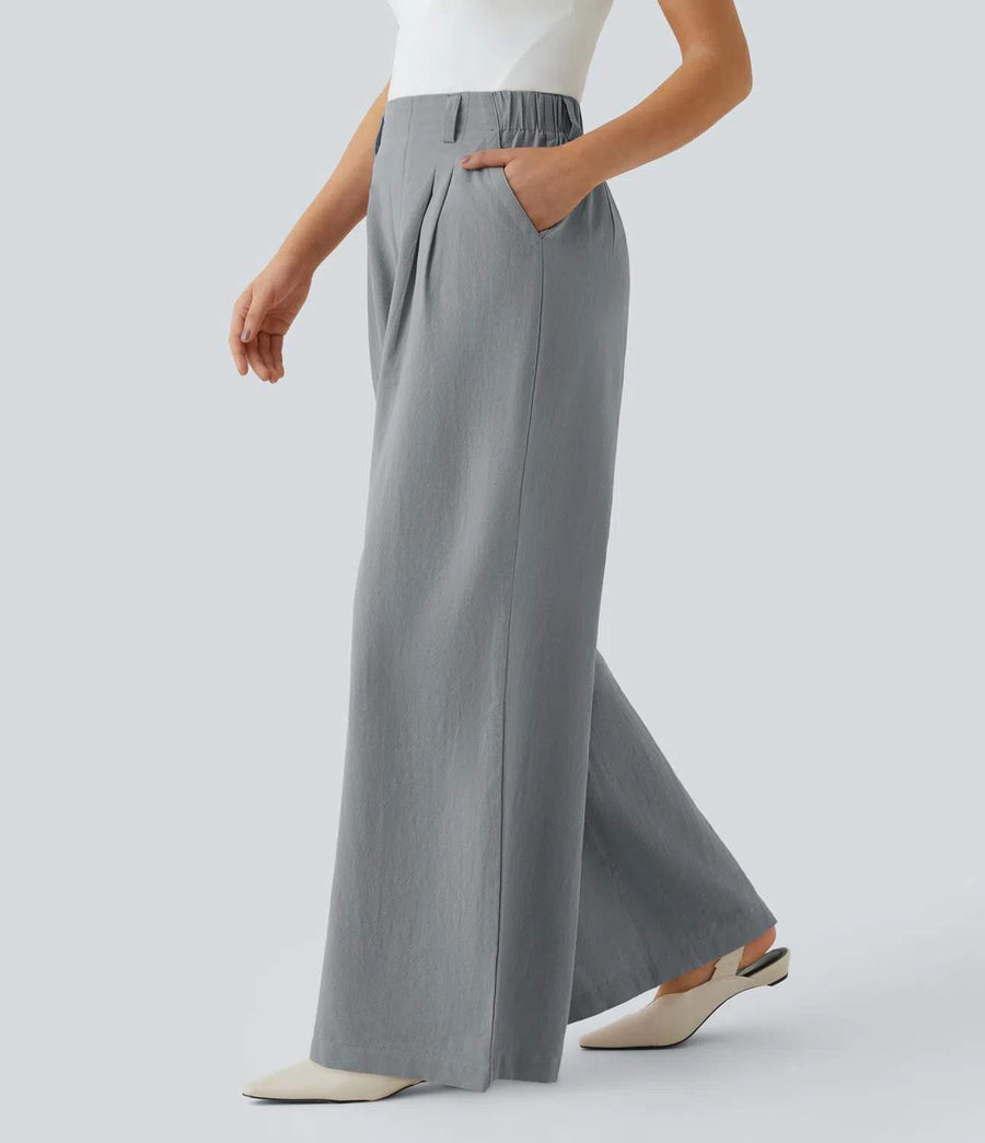HALARA High Waisted Pocket Wide Leg Flowy Solid Palazzo Linen-Feel Pants Size L
