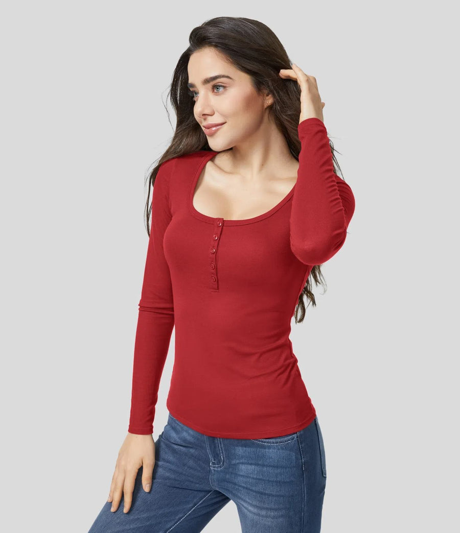 HALARA Ribbed Henley Neck Long Sleeve Slim Casual T-Shirt Size M