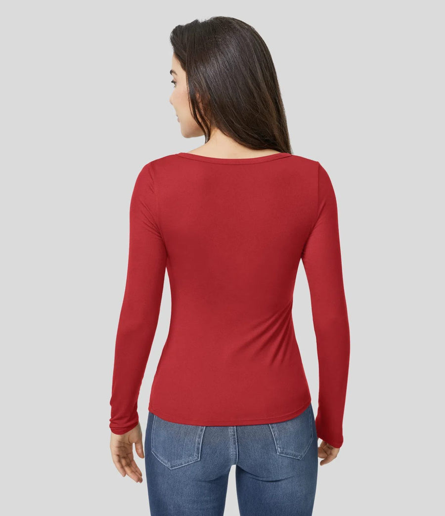 HALARA Ribbed Henley Neck Long Sleeve Slim Casual T-Shirt Size M