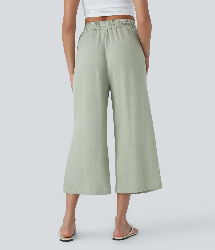 HALARA High Waisted Drawstring Wide Leg Cropped Casual Linen-Feel Pants Size M