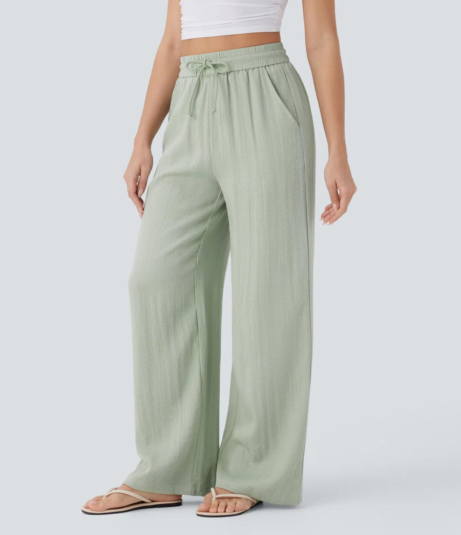 HALARA High Waisted Drawstring Pocket Wide Leg Baggy Linen-Feel Pants Size M Reg