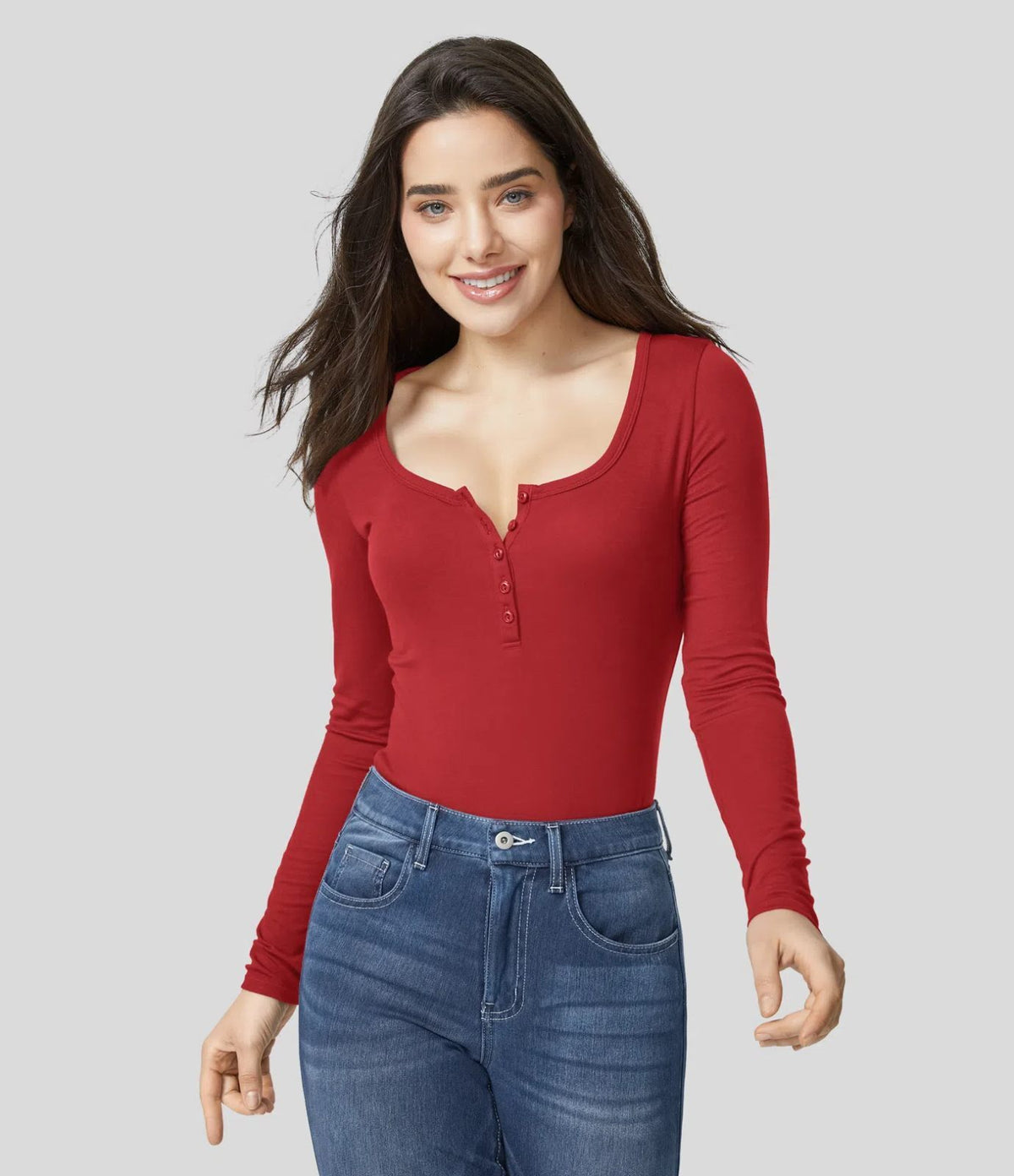 HALARA Ribbed Henley Neck Long Sleeve Slim Casual T-Shirt Size M