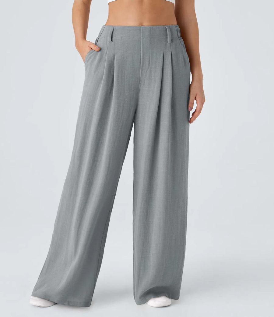 HALARA High Waisted Pocket Wide Leg Flowy Solid Palazzo Linen-Feel Pants Size L