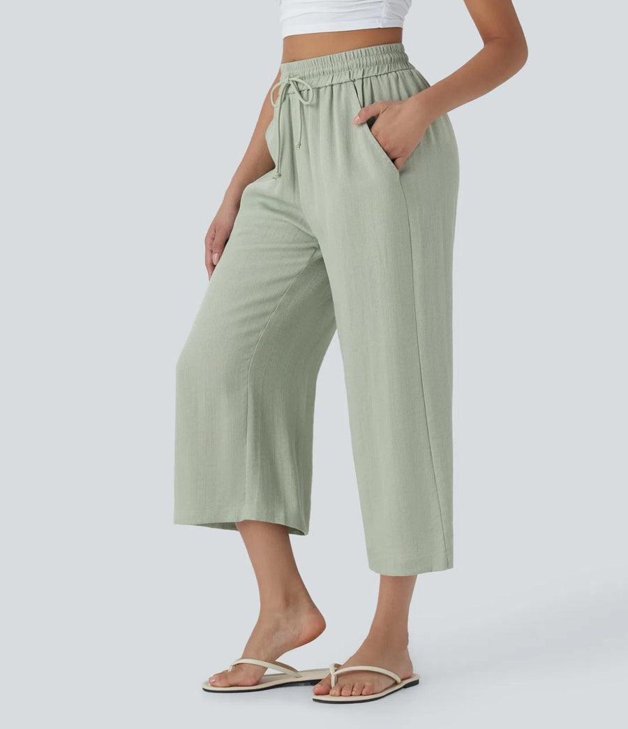 HALARA High Waisted Drawstring Wide Leg Cropped Casual Linen-Feel Pants Size M