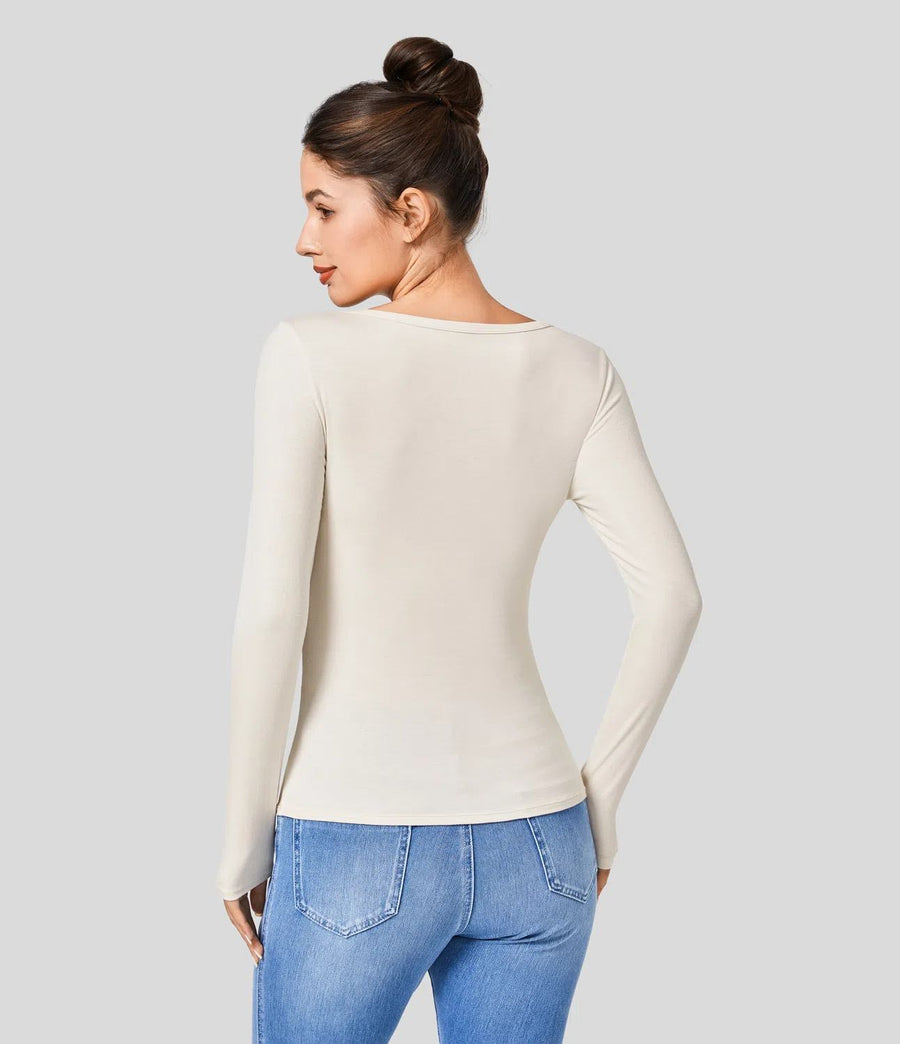 HALARA Ribbed Henley Neck Long Sleeve Slim Casual T-Shirt Size XL