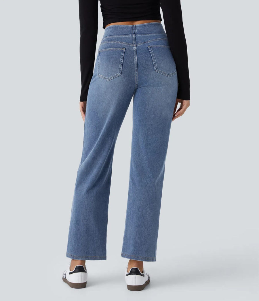 Halara Flex High Waisted Pockets Straight Leg Washed Casual Jeans Size L Reg